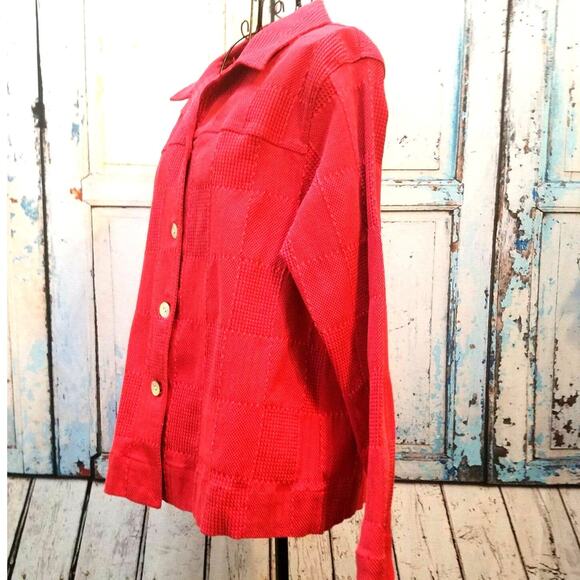 Coldwater Creek Jacket Cardigan Size M Red Knit Squares Oyster Shell Buttons - Picture 9 of 11
